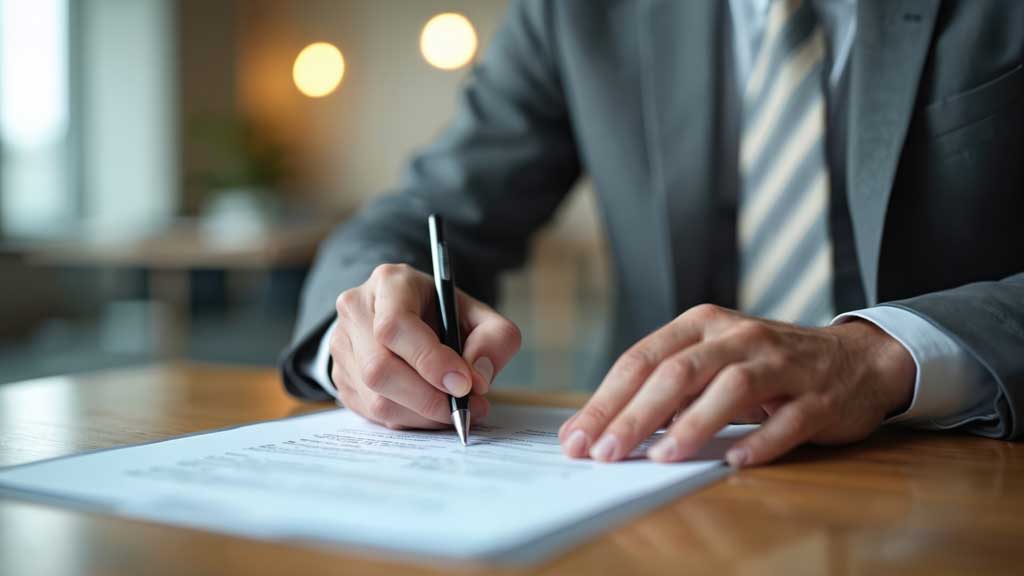 Un homme en costume lit un document juridique sur un bureau en bois